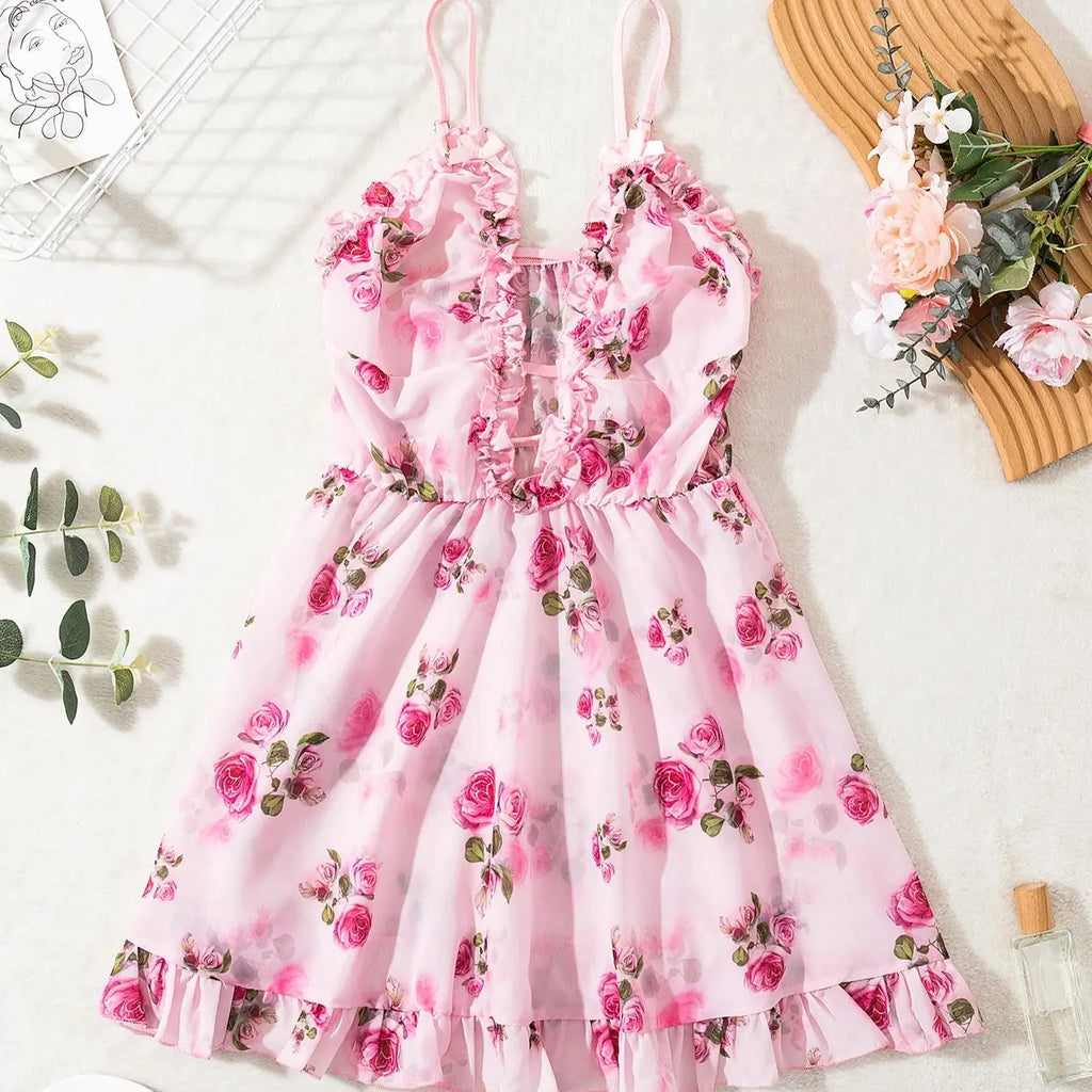 Floral Print Lightweight Slip Nightgown with Feminine Ruffle Trim