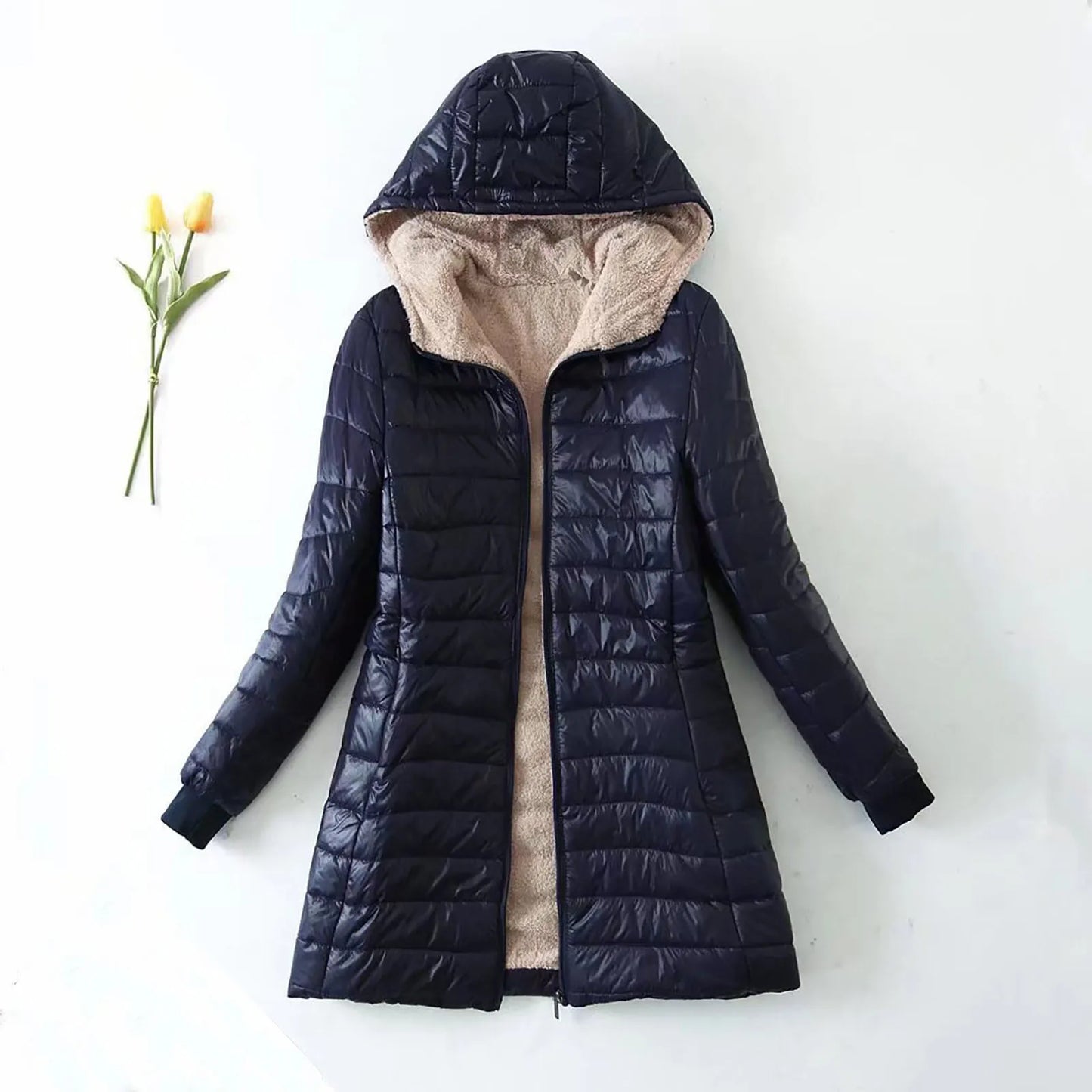 Women's Hooded Quilted Fleece Lined Zip Jacket for Warm Everyday Streetwear Layering