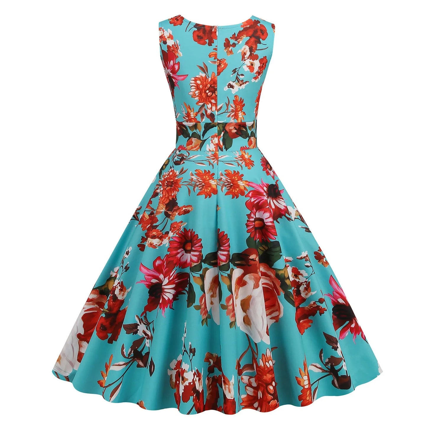 Vintage Floral Print Sleeveless Alternative Swing Midi Dress