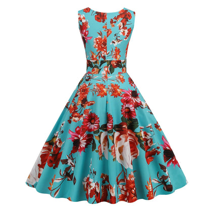 Vintage Floral Print Sleeveless Alternative Swing Midi Dress