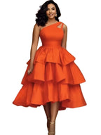 Vibrant Orange One-Shoulder Tiered Ruffle Midi Dress with Cutout Detailing