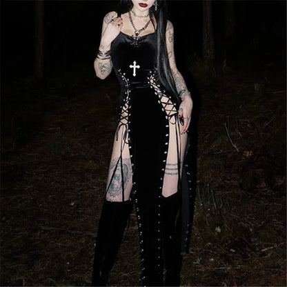 Dark Gothic Split-Leg Maxi Dress with Alternative Streetwear Aesthetic