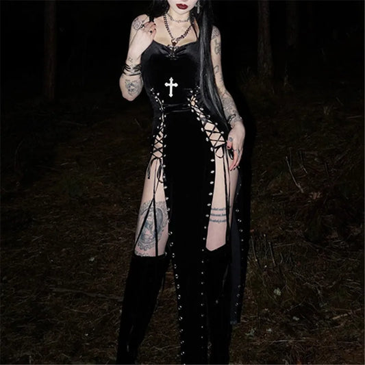 Dark Gothic Split-Leg Maxi Dress with Alternative Streetwear Aesthetic