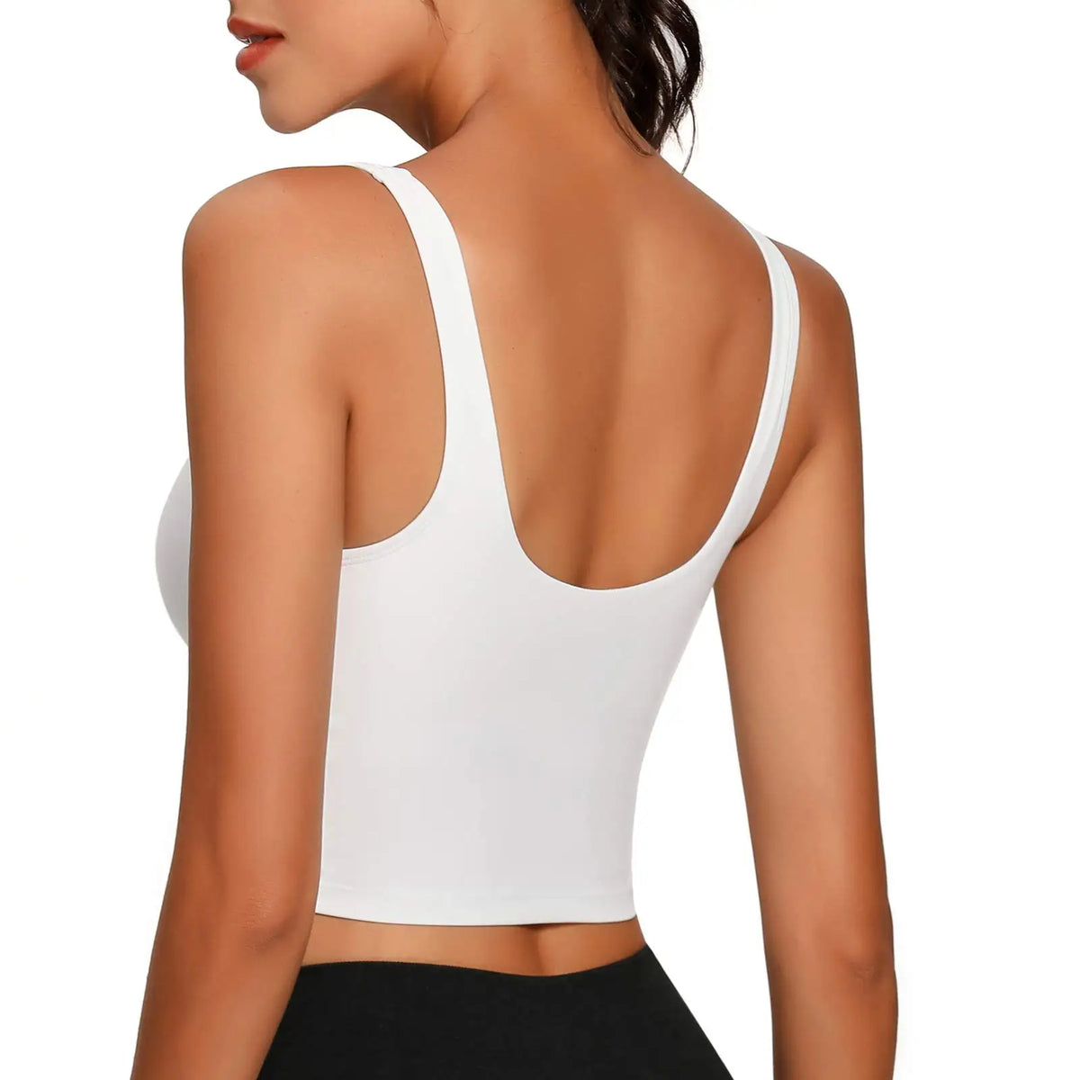 Longline Solid Black Sports Bra with Scoop Neckline and Medium Support