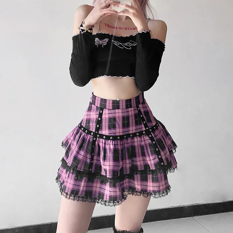 Plaid Tiered Ruffle Mini Skirt Lace Trim Gothic Inspired Alternative Bottom
