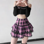 Plaid Tiered Ruffle Mini Skirt Lace Trim Gothic Inspired Alternative Bottom