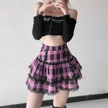Plaid Tiered Ruffle Mini Skirt Lace Trim Gothic Inspired Alternative Bottom