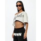 Women's Asymmetric Off Shoulder Graphic Crop T-Shirt for Modern Streetwear and Casual Everyday Style