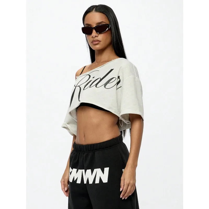 Women's Asymmetric Off Shoulder Graphic Crop T-Shirt for Modern Streetwear and Casual Everyday Style