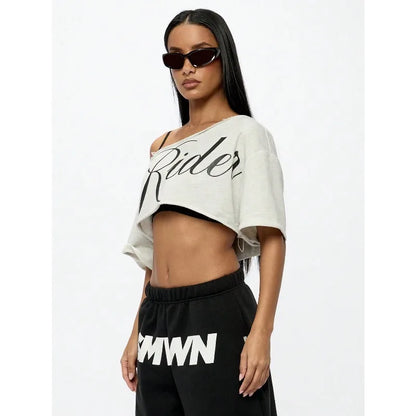 Women's Asymmetric Off Shoulder Graphic Crop T-Shirt for Modern Streetwear and Casual Everyday Style