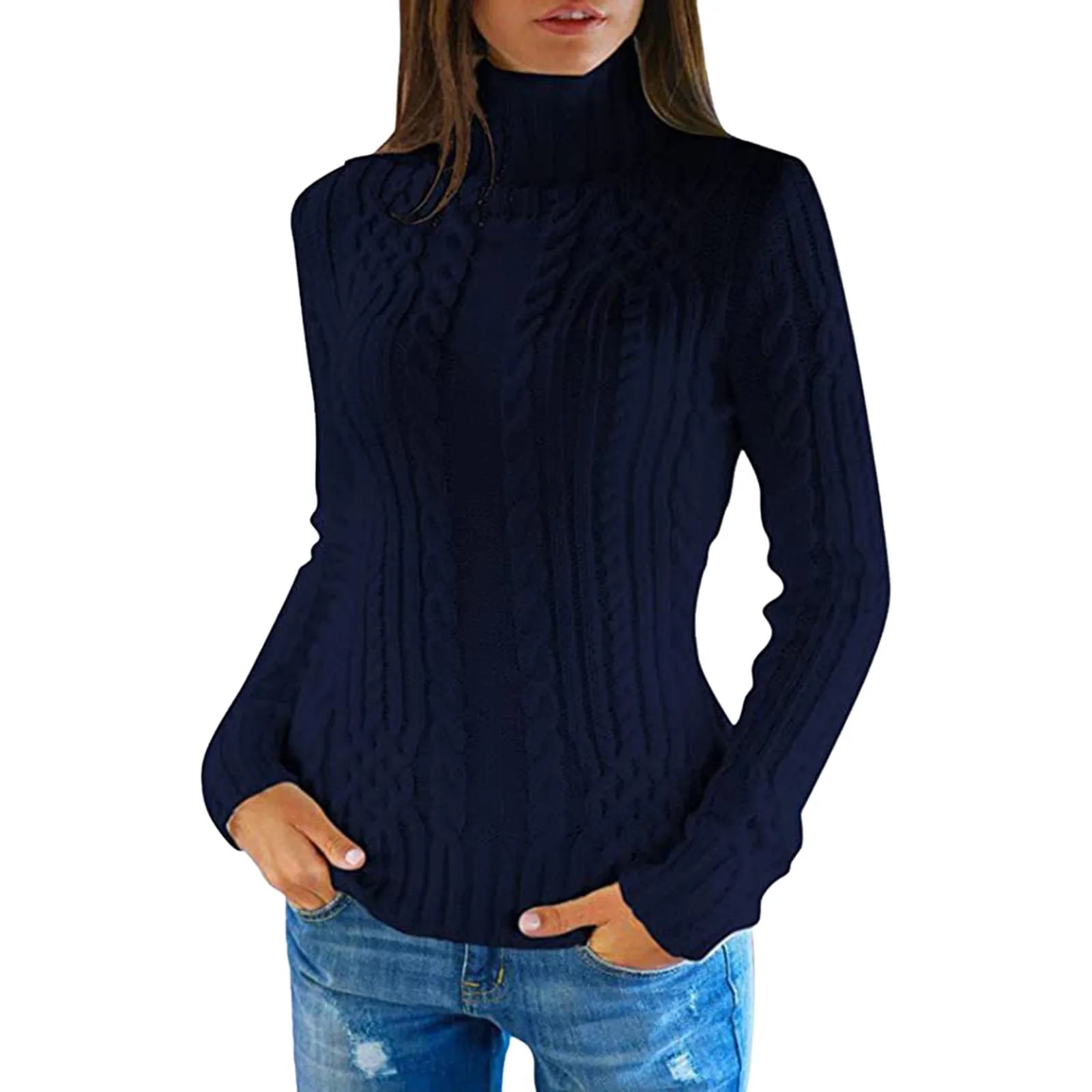Women's Cable Knit Turtleneck Slim Fit Pullover Sweater With Textured Finish
