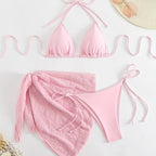 Bright Turquoise Three-Piece String Bikini Set with Matching Tie Sarong