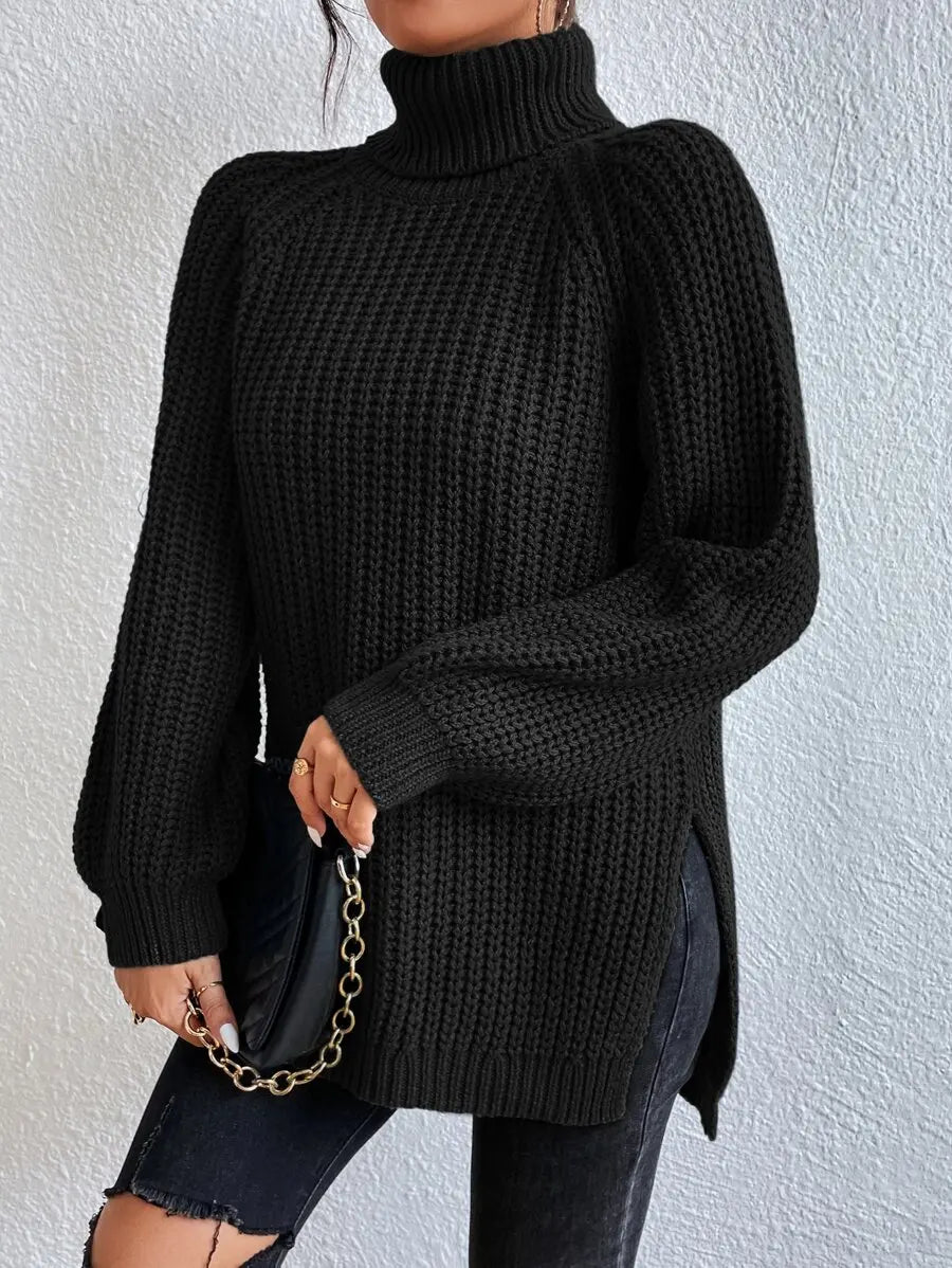 Women's Oversized Turtleneck Knit Sweater with Raglan Sleeves and Relaxed Silhouette