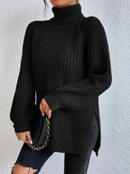 Women's Oversized Turtleneck Knit Sweater with Raglan Sleeves and Relaxed Silhouette