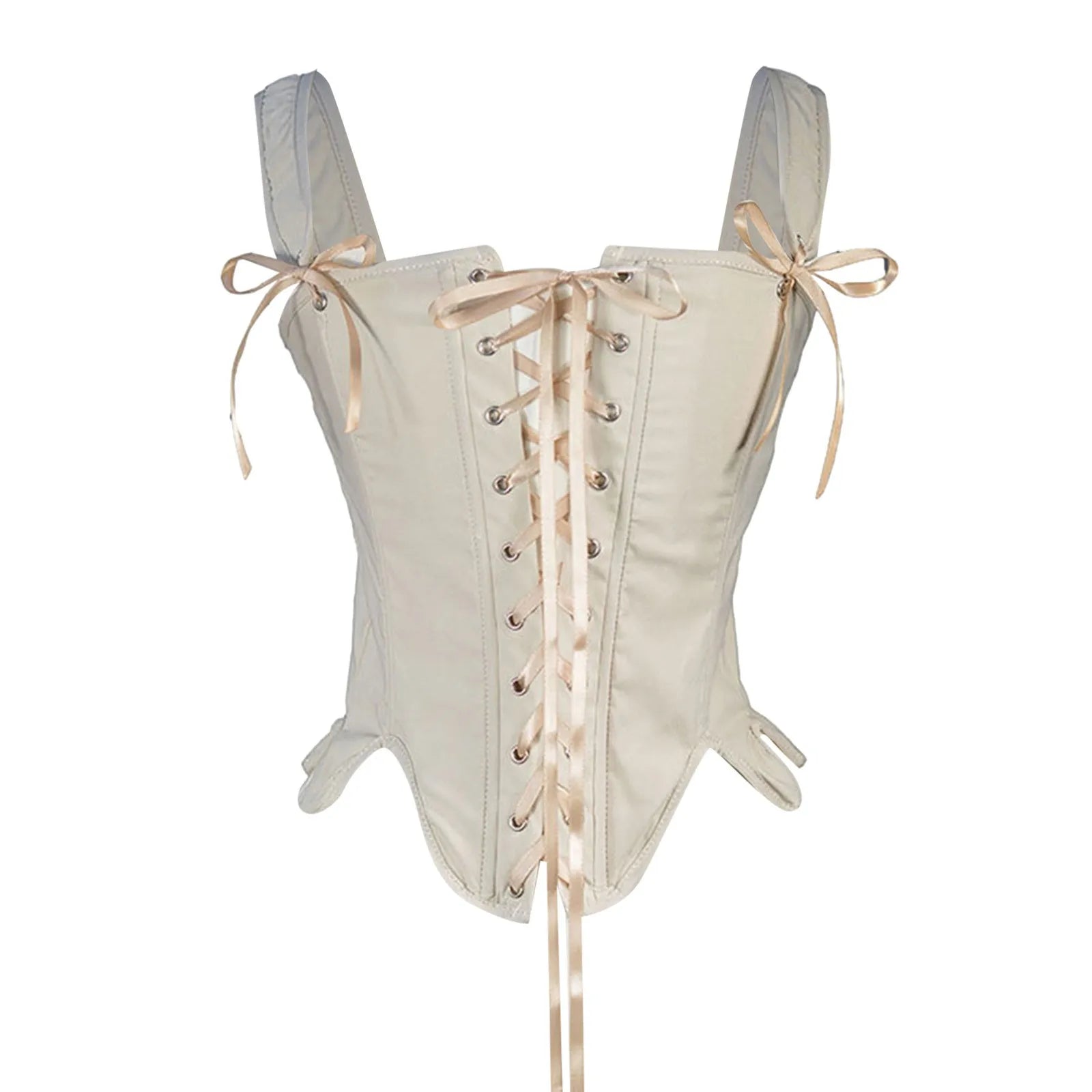 Vintage-Inspired Lace-Up Corset Top with Structured Bodice and Shoulder Ties