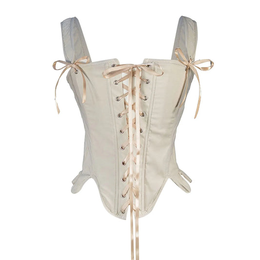 Vintage-Inspired Lace-Up Corset Top with Structured Bodice and Shoulder Ties