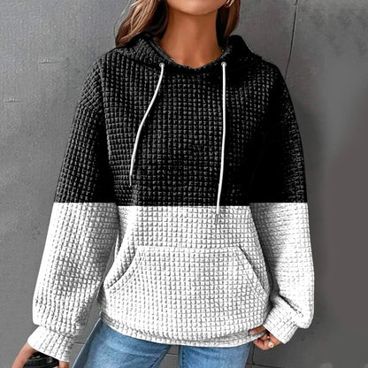 Women's Oversized Color Block Waffle Knit Hoodie for Relaxed Everyday Streetwear Style