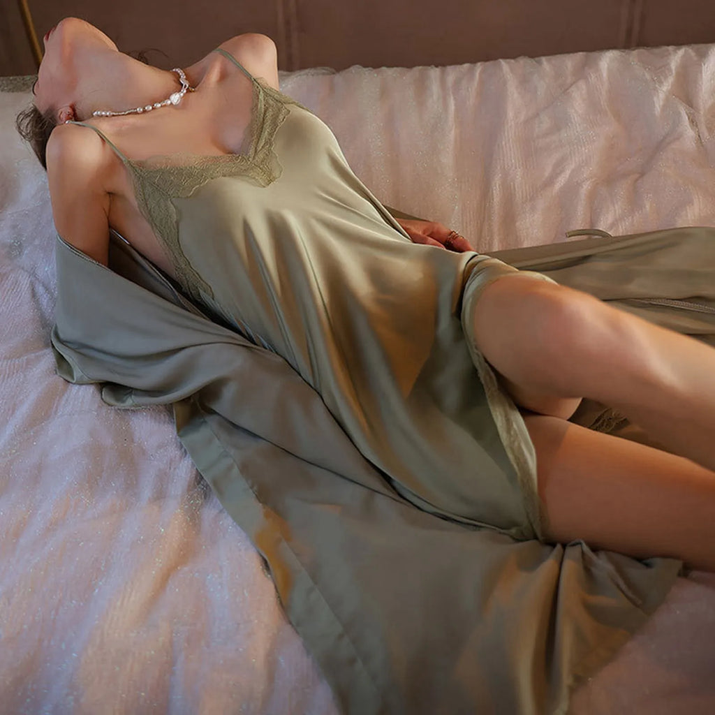 Classic Two-Piece Satin-Finish Slip Dress and Wrap Robe Set with Delicate Lace Accents