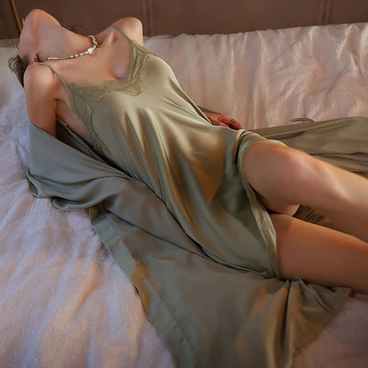 Classic Two-Piece Satin-Finish Slip Dress and Wrap Robe Set with Delicate Lace Accents