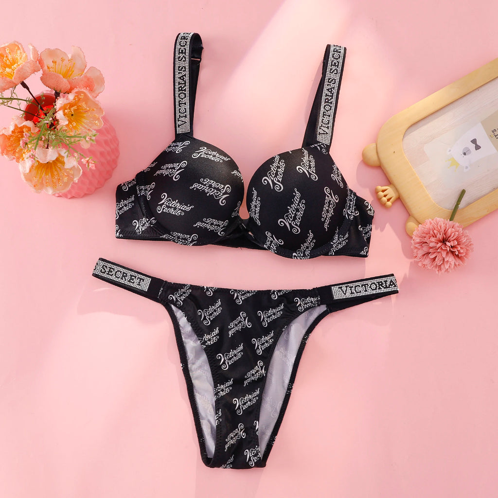 Vibrant Floral Print Smooth Contour Bra and Thong Set with Crystal Straps