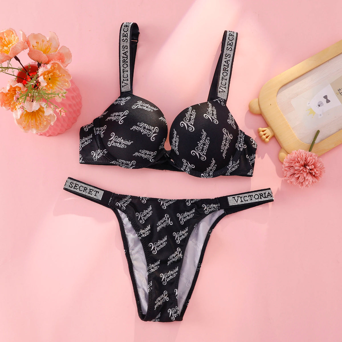 Vibrant Floral Print Smooth Contour Bra and Thong Set with Crystal Straps