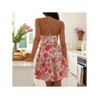 Floral Halter Neck Sleeveless Mini Dress With Flowy Relaxed Summer Silhouette