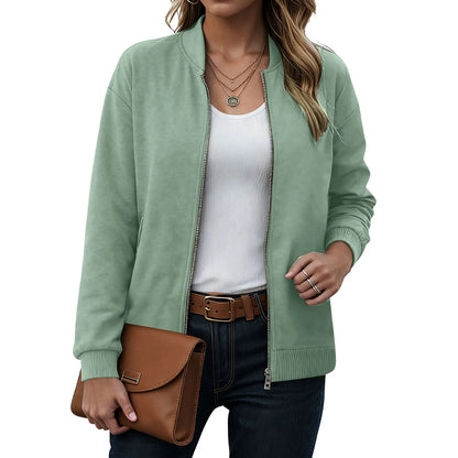 Women's Minimalist Zip Front Faux Suede Bomber Jacket for Contemporary Streetwear