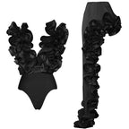 Crimson Red Plunge Swimwear Set with Dramatic 3D Floral Embellishments