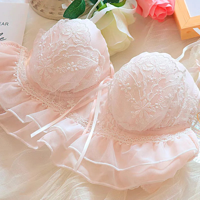 Sweet Peach Ruffled Wire-Free Bralette and Panty Set with Floral Embroidery