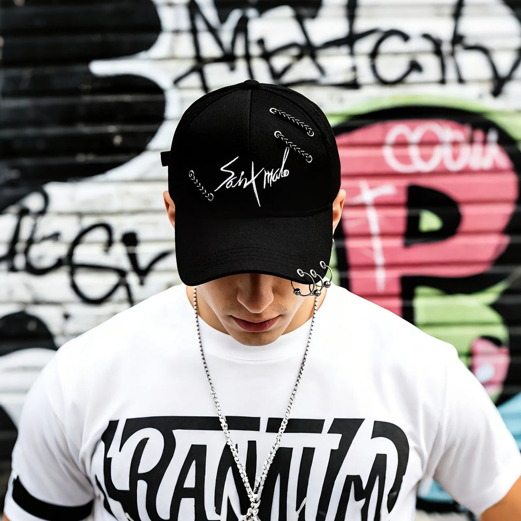 Embroidered Adjustable Baseball Cap with Decorative Metal Accents for Contemporary Streetwear Fashion