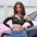 Strappy Cutout Halter Crop Top with Long Sleeves Contemporary Streetwear Style