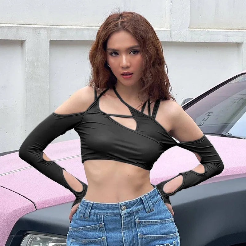 Strappy Cutout Halter Crop Top with Long Sleeves Contemporary Streetwear Style