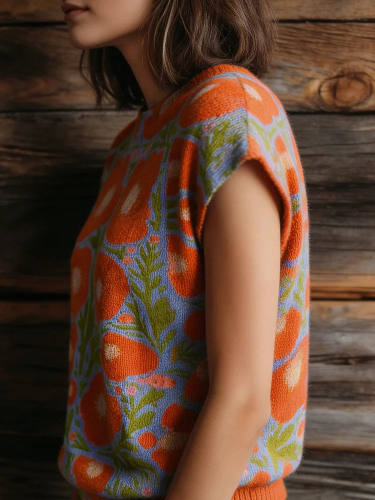 Women's Retro Floral Jacquard Knit Top with Relaxed Short Sleeve Silhouette