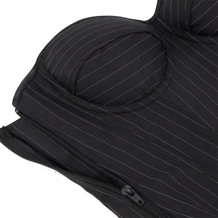 Tailored Black Pinstripe Overbust Corset with Structured Sweetheart Bodice