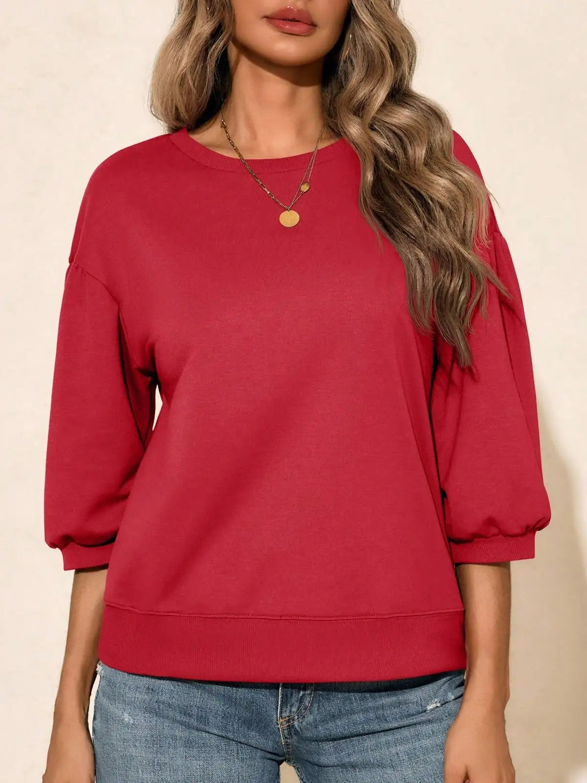 Women's Puff Sleeve Crew Neck Sweatshirt with Relaxed Fit for Contemporary Casual Fashion  Description: