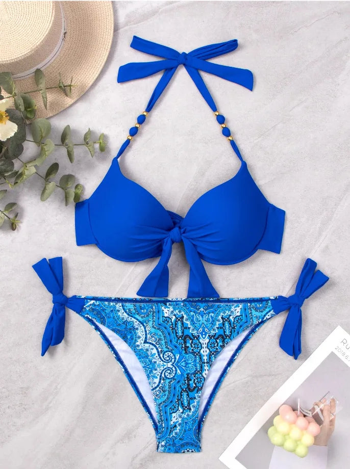 Neon Green Underwire Halter Bikini with Printed Side-Tie Bottom