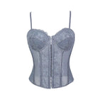 Crimson Red Lace and Sheer Mesh Bustier with Front Hook Closure