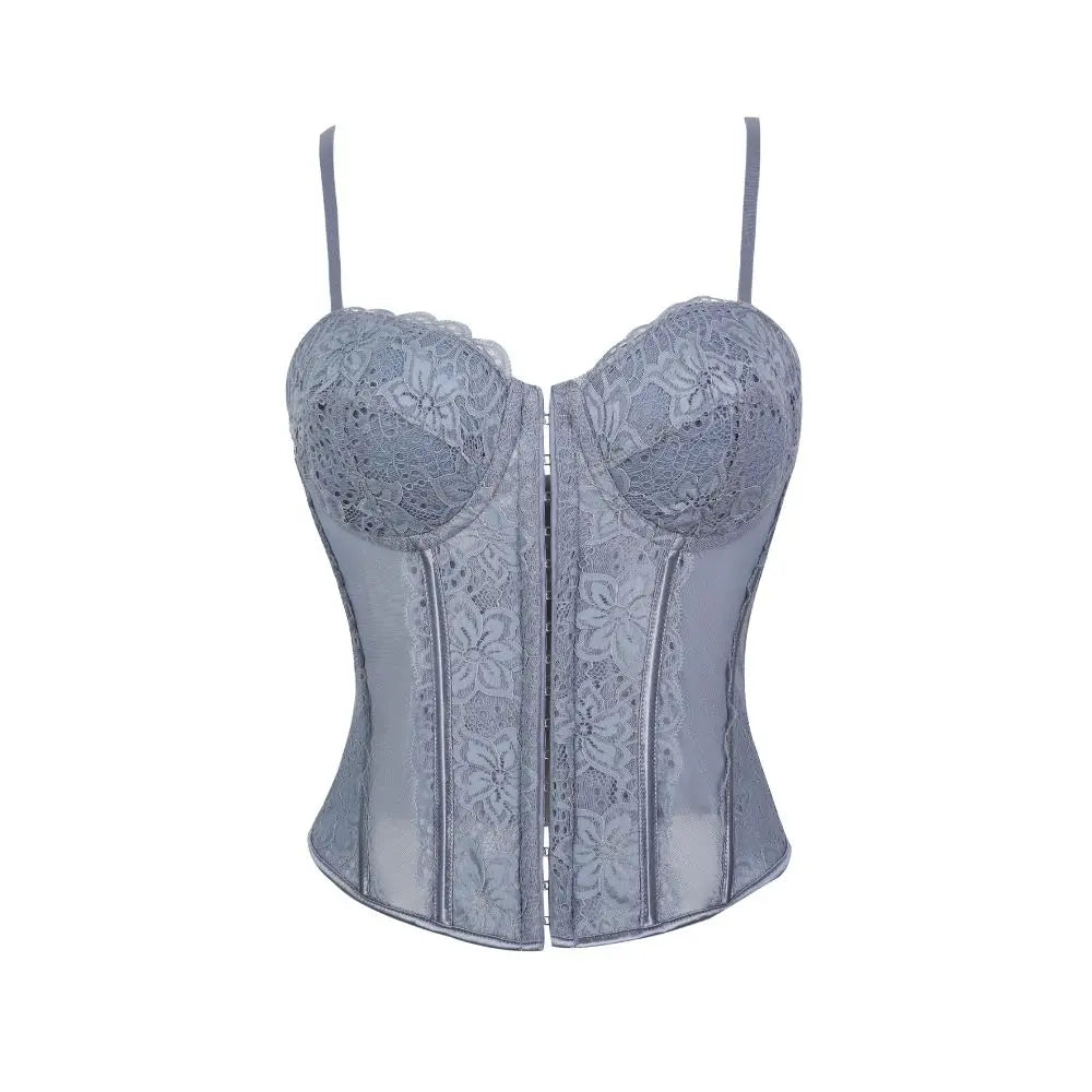 Crimson Red Lace and Sheer Mesh Bustier with Front Hook Closure
