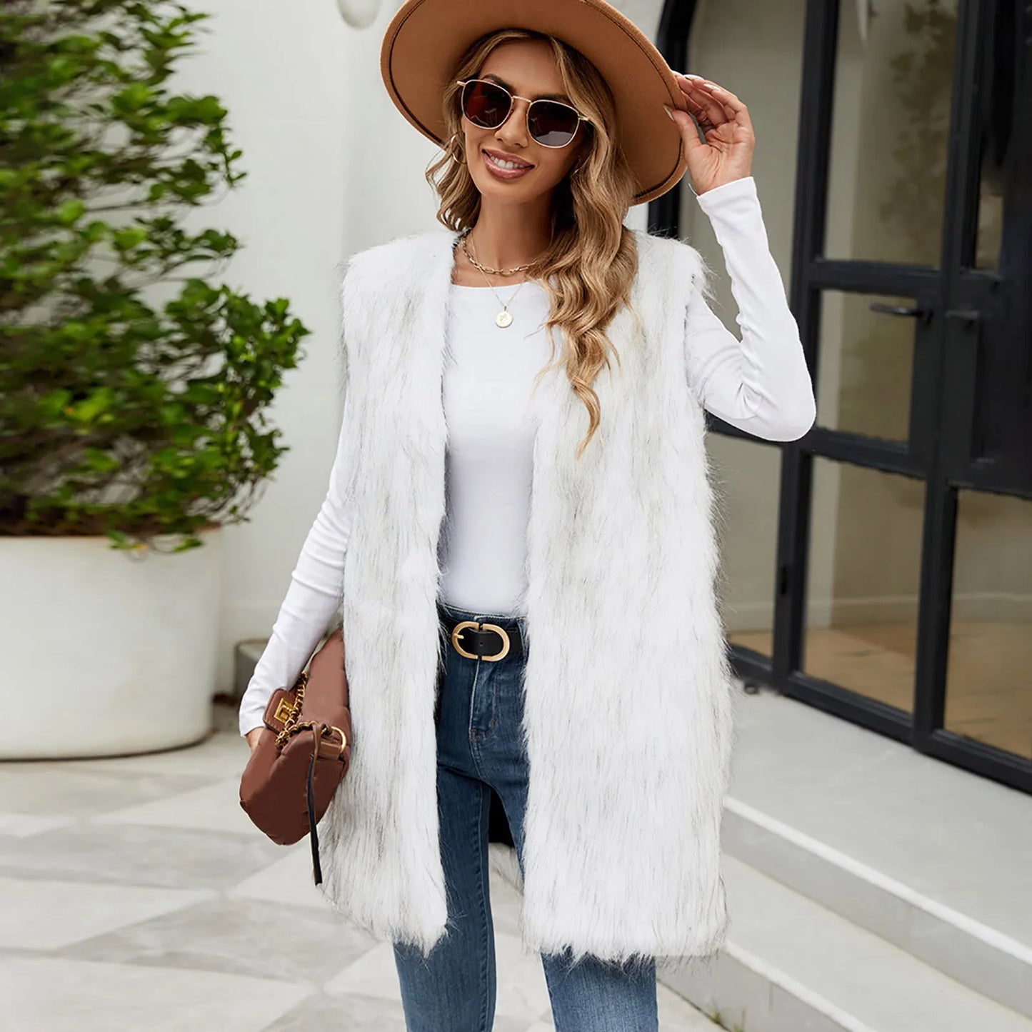 Women's Mid-Length Faux Fur Open Front Vest Cozy Casual Layering Outerwear Jacket