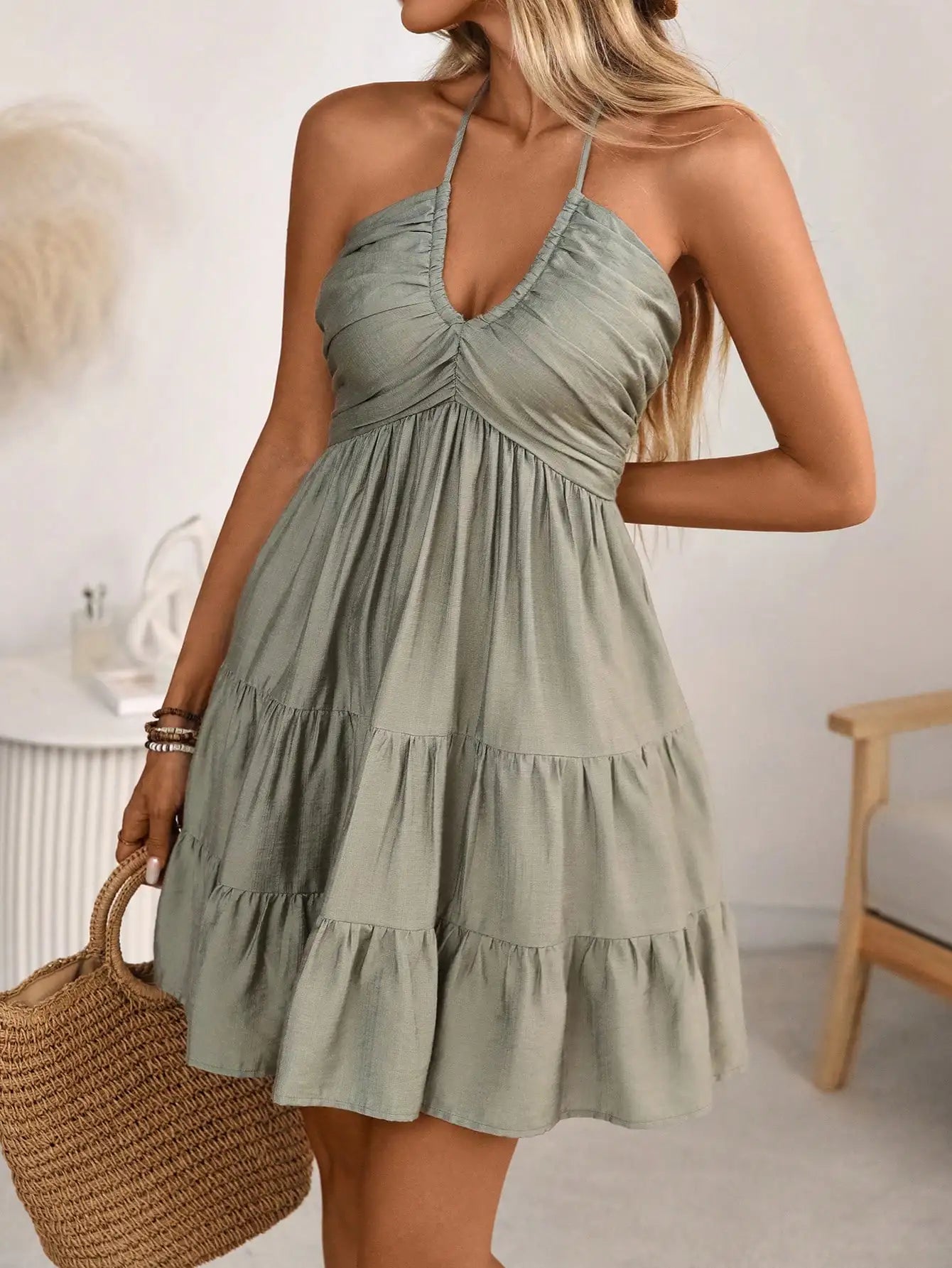 Halter Neck Tiered Mini Dress with Shirred Bodice Bohemian Vacation Style