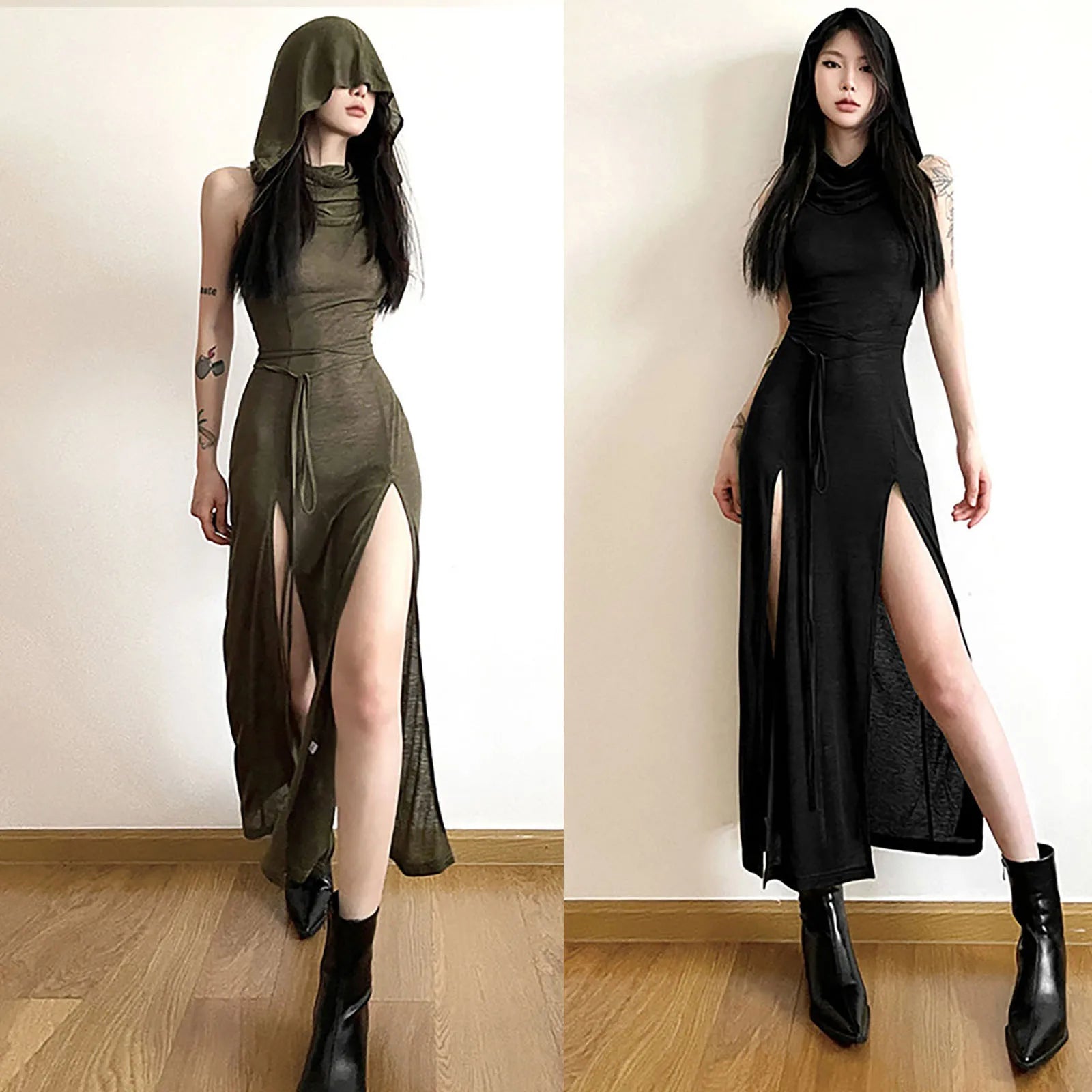 Hooded Bodycon Maxi Dress with Side Split and Lace Up Detail