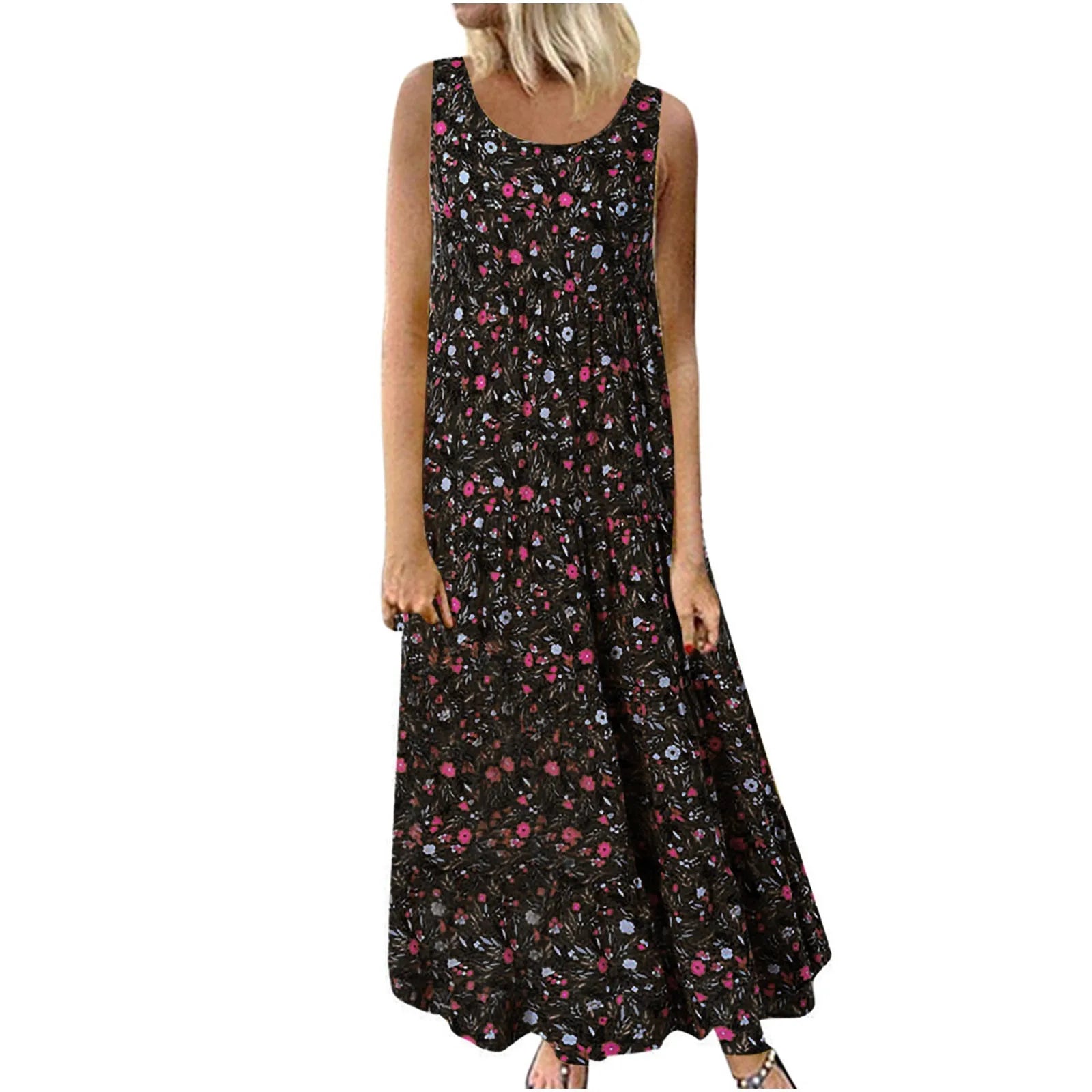 Sleeveless Floral Maxi Tank Dress with Relaxed Vintage-Inspired Silhouette
