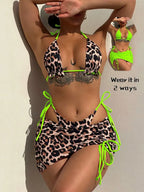 Reversible Leopard Print Three-Piece String Bikini Set with Ruched Skirt