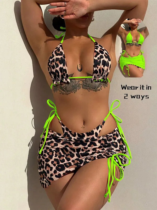 Reversible Leopard Print Three-Piece String Bikini Set with Ruched Skirt