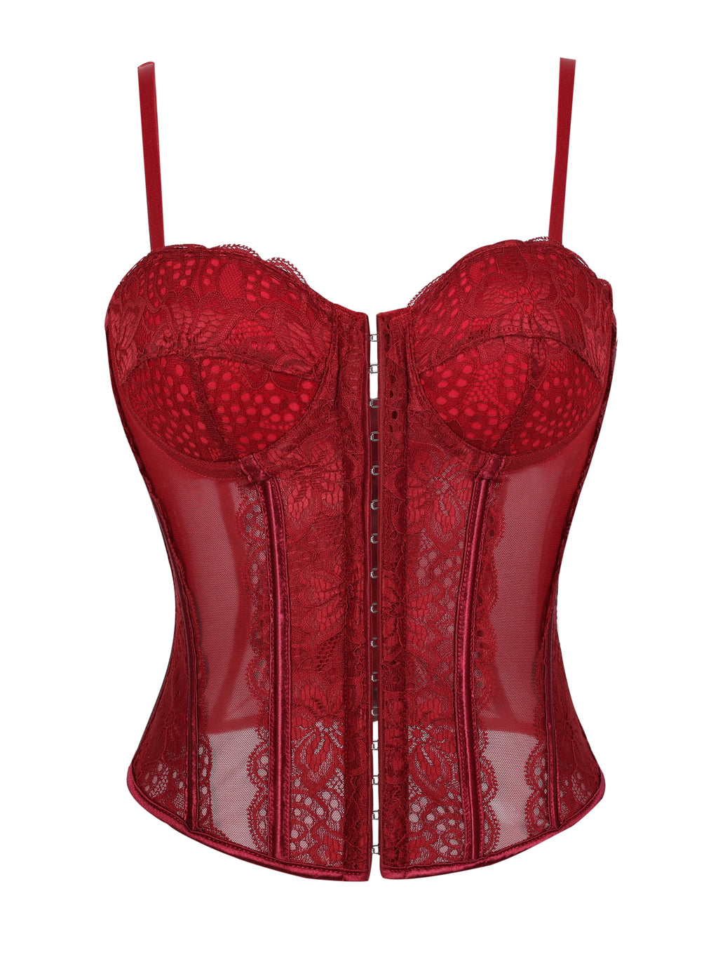 Crimson Red Lace and Sheer Mesh Bustier with Front Hook Closure