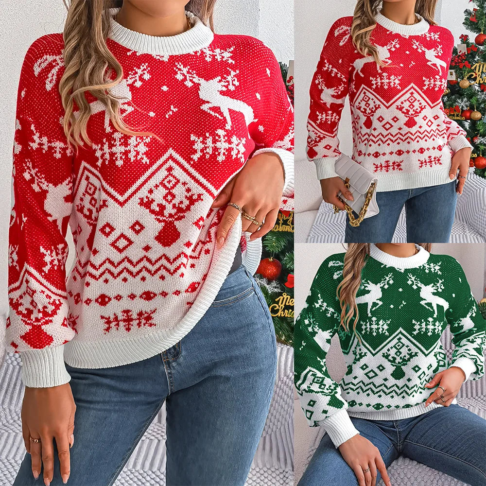 Women's Festive Fair Isle Pattern Crew Neck Relaxed Knit Pullover Sweater