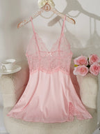 Soft Pink Sheer Lace Chemise with Plunging V-Neckline and Flowing Skirt