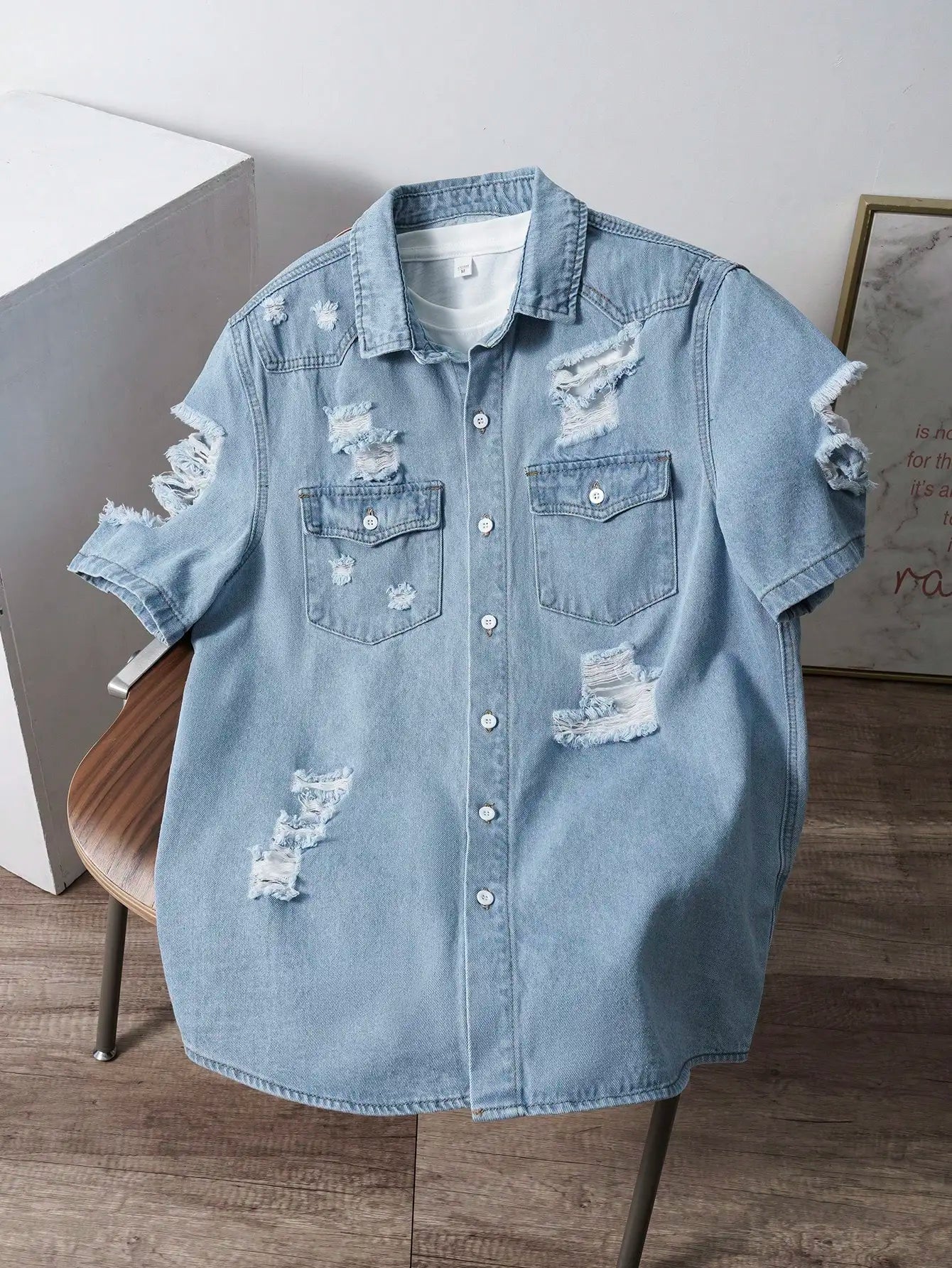 Oversized Washed Denim Button-Up Shirt Jacket with Utility Pocket Streetwear Design