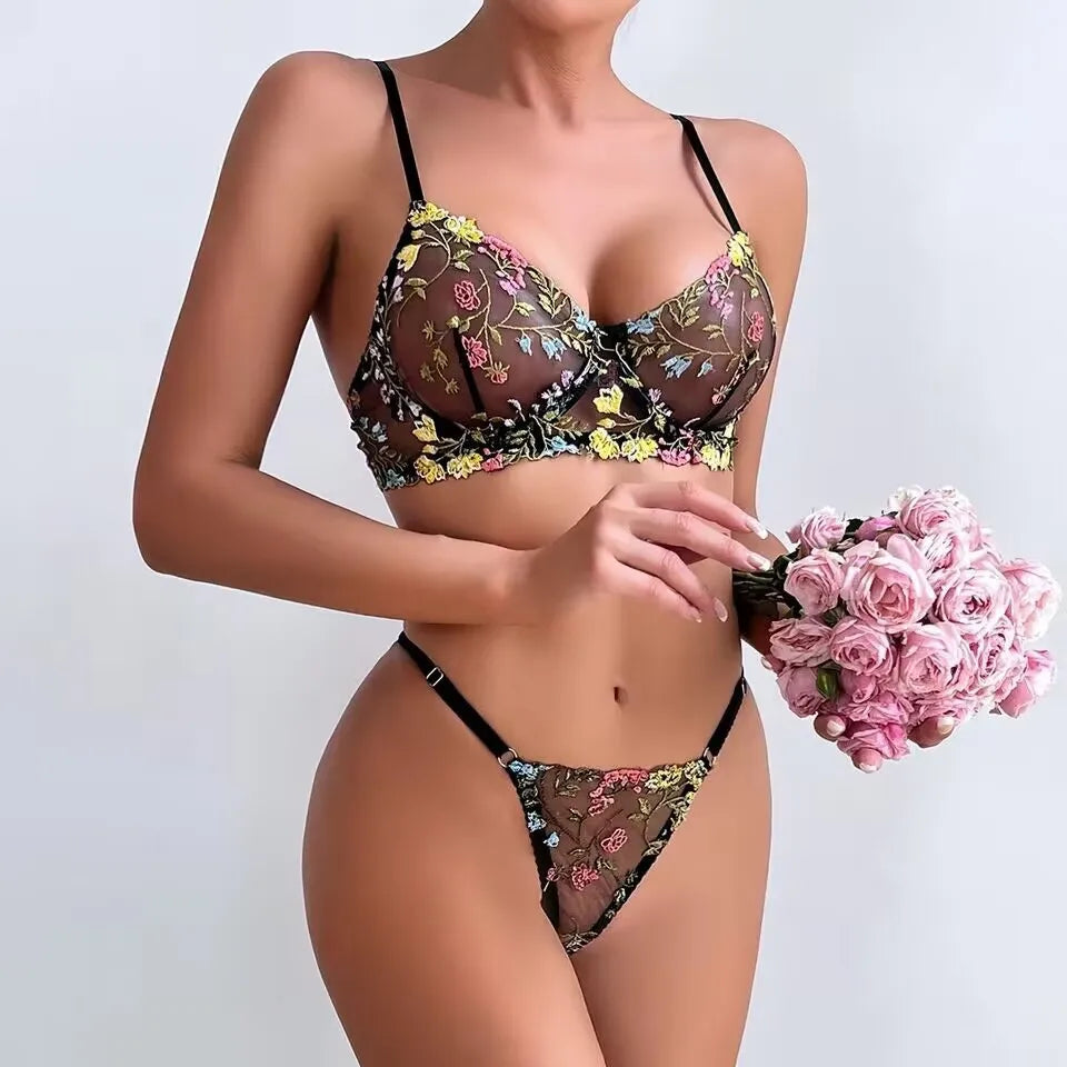 Vibrant Orange Sheer Mesh and Floral Embroidered Underwire Lingerie Set