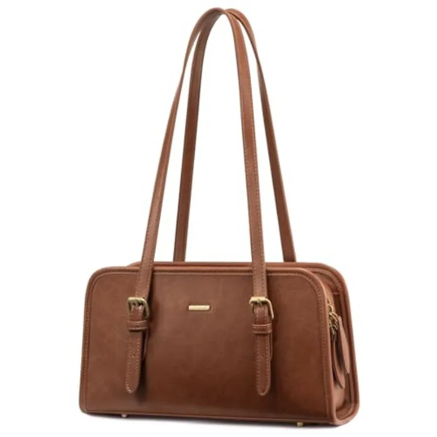 Vintage Inspired Genuine Leather Boston Shoulder Bag with Zip Closure